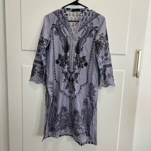 J. Pret Womens XS Lavender Print Embroidered Beaded Tunic Top Dress Pakistani‎
